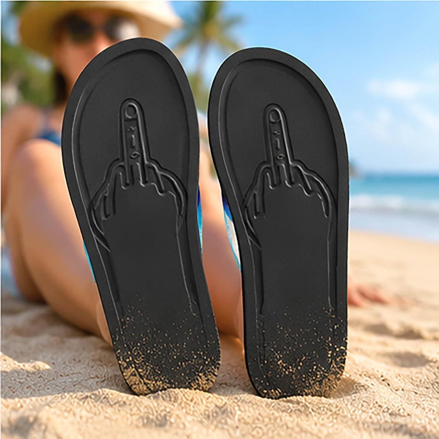Funny Middle Finger Footprint Flip Flops Novelty Beach Sandals Gift For Friends