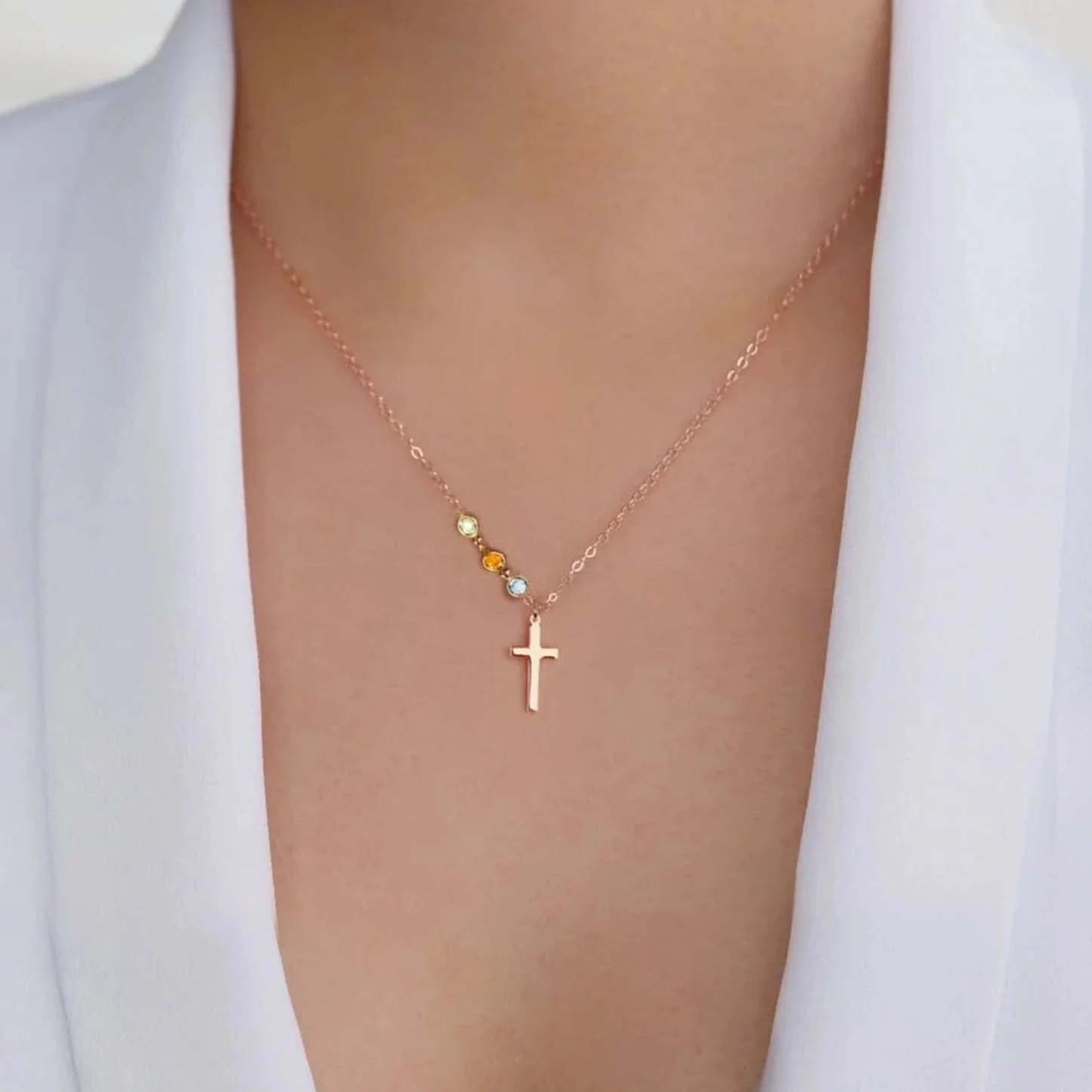 Personalized Cross with Tiny birthstone necklace - Family tree necklace - soufeelau