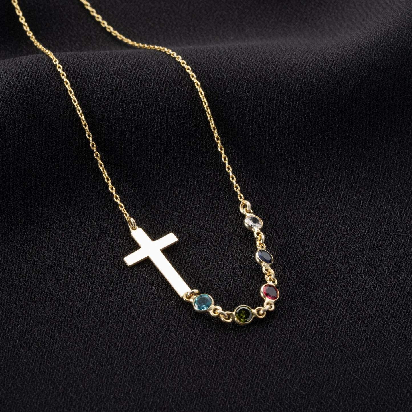 Personalized Birthstone Silver Cross Necklace Cross Family Birthstone Necklace - soufeelau