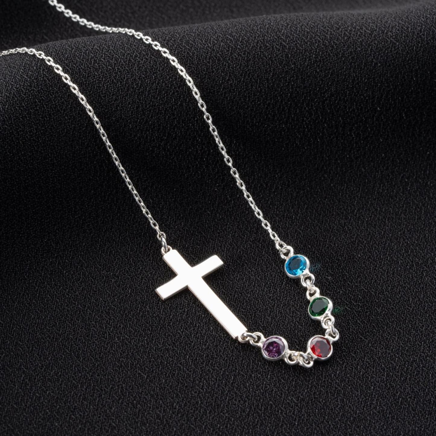 Personalized Birthstone Silver Cross Necklace Cross Family Birthstone Necklace - soufeelau