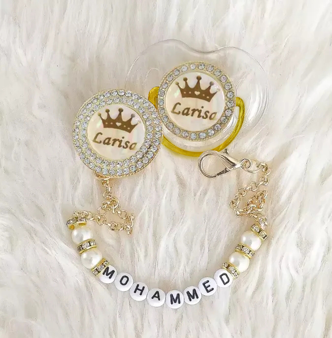 Custom Name Bling Gold Pacifier And Pacifier Clip Bpa Free Dummy Bling Unique Gift Baby Shower - soufeelau