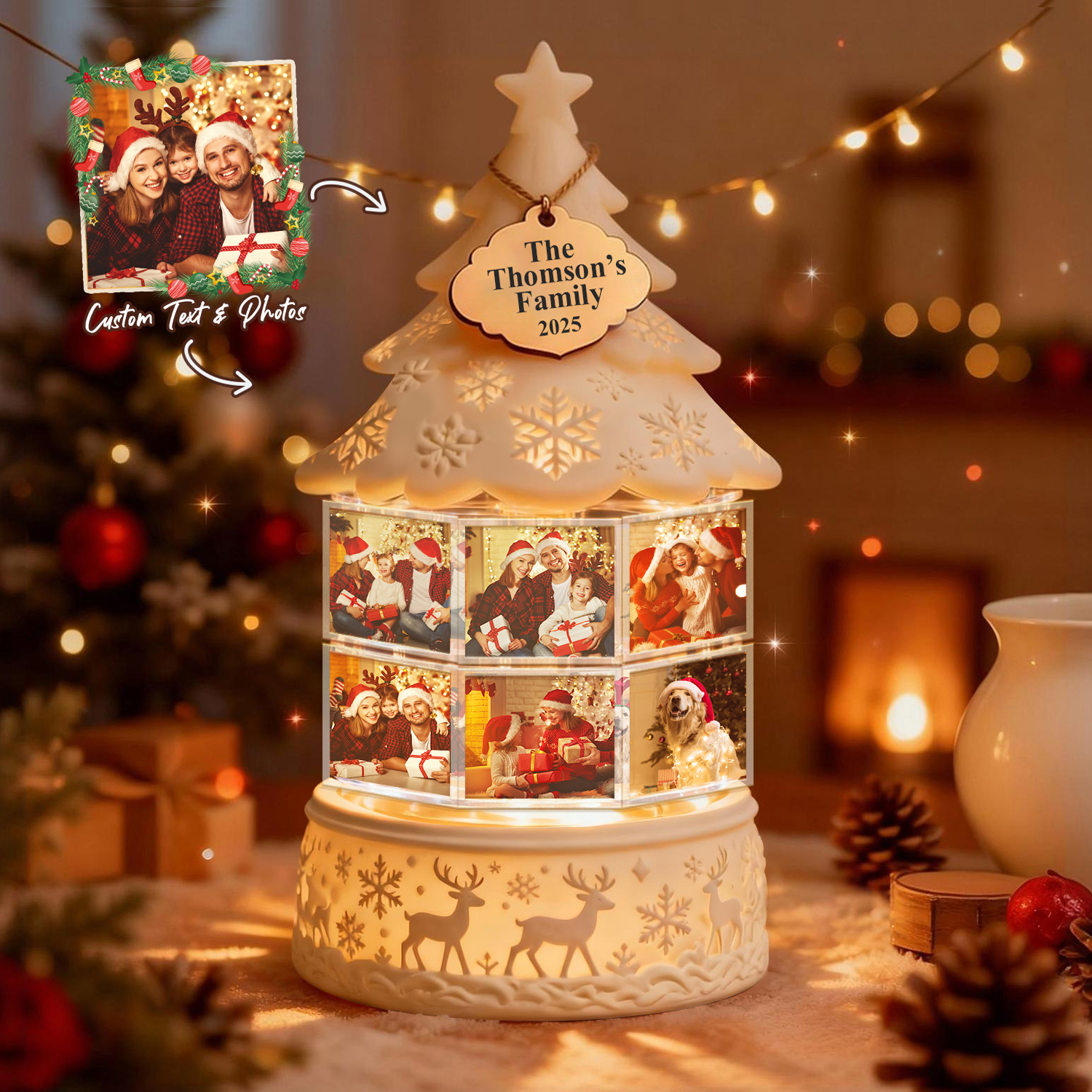 Custom Multi-Photo Rotating Night Light Music Box Engraved Family Keepsake Lamp Christmas Drift Bottle Light Christmas Tree Light Christmas Gift - soufeelau