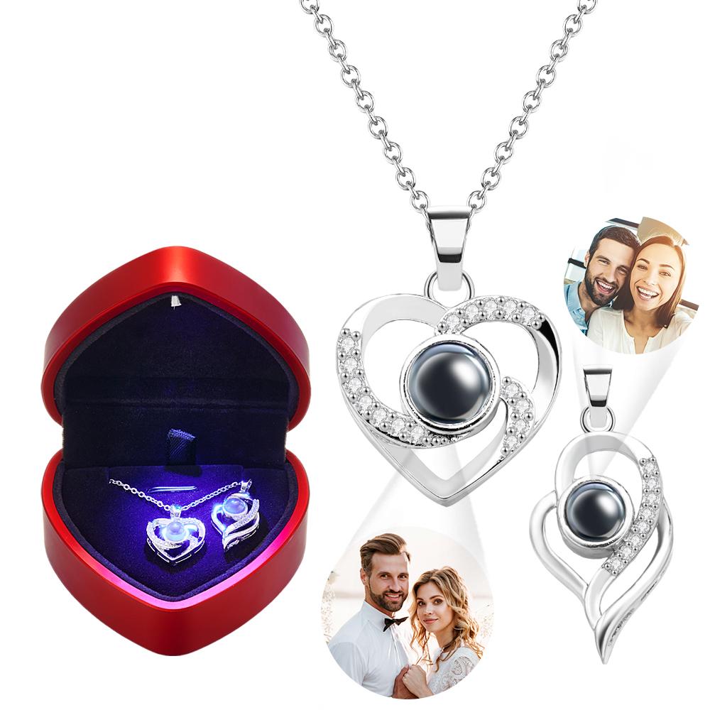 2 Pcs Pendants Photo Projection Heart Pendant Necklace Gifts for Women Mom with Led Light Heart Gift Box Valentine's Day Gifts - soufeelau