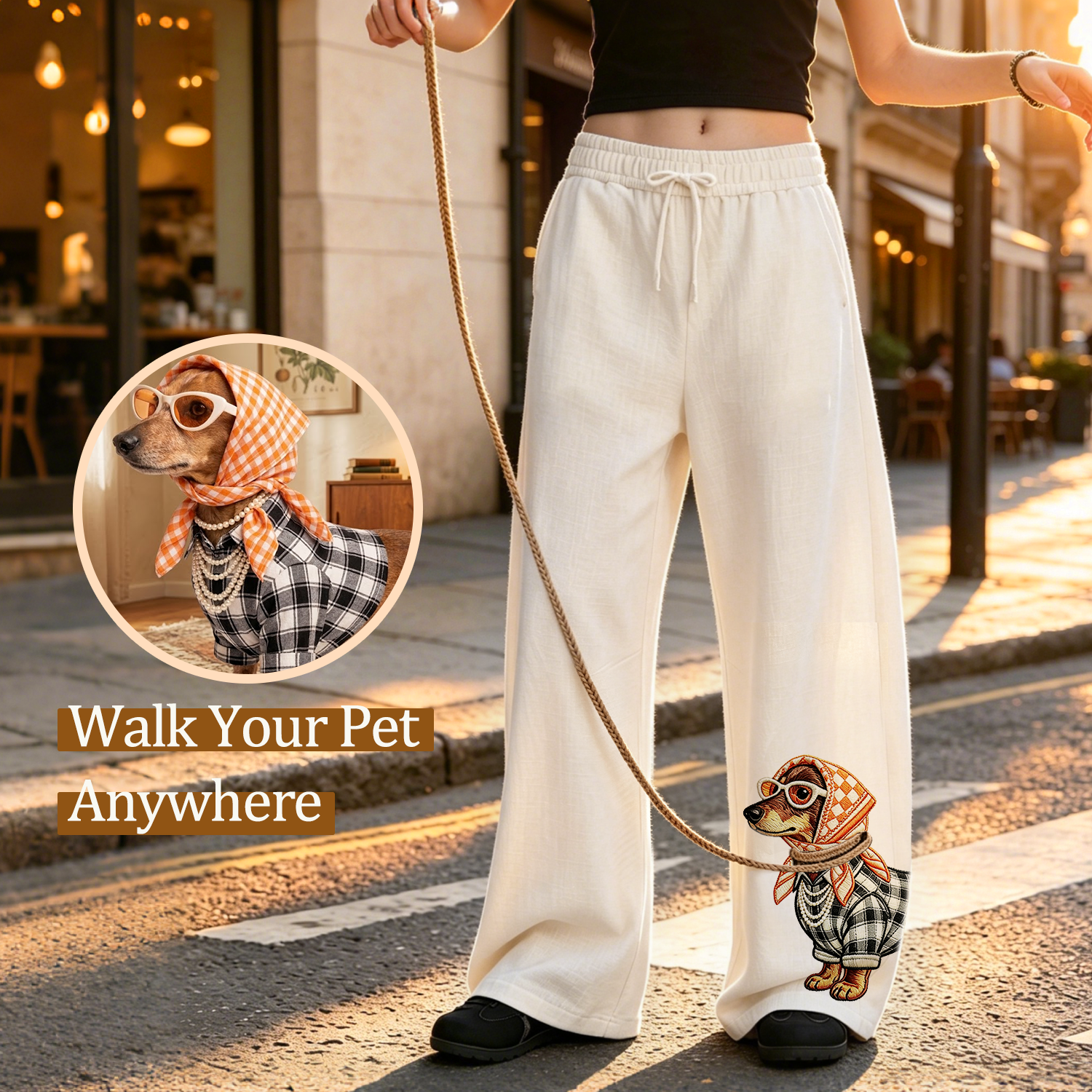 Personalized Pet Linen Lounge Pants – Custom Pet Portrait Print with Interactive Leash, Funny Summer Gift for Dog & Cat Lovers - soufeelau