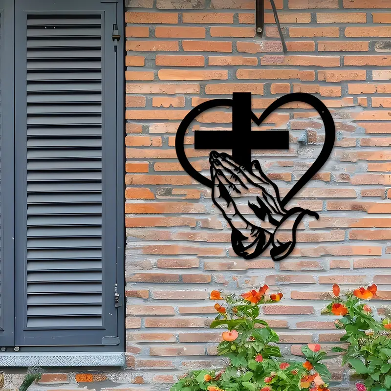Elegant Metal Christian Heart & Cross Wall Art Praying Hands Design Indoor Outdoor Iron Sculpture Perfect for Living Room Garden Office Farmhouse Decor - soufeelau