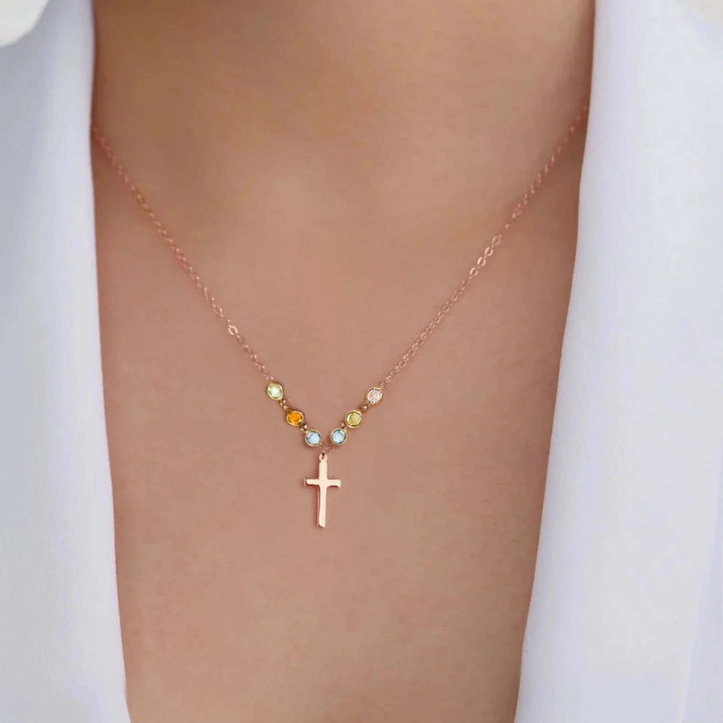 Personalized Cross with Tiny birthstone necklace - Family tree necklace - soufeelau