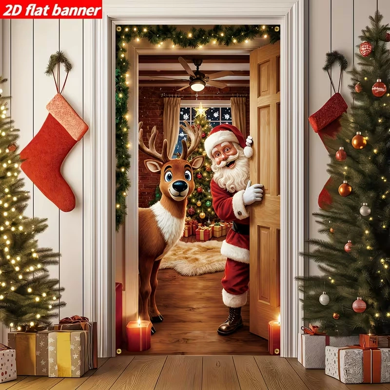Christmas Door Cover Elastic Milk Silk Fabric Christmas Door Wrap Banner Santa Reindeer Holiday Front Door Decoration Custom Photo Print Supported - soufeelau
