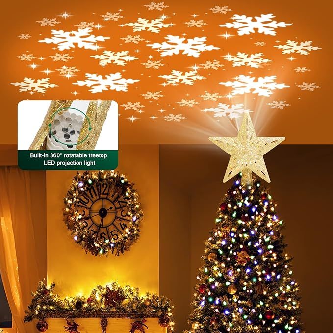 Christmas Tree Topper Star Lighted With 6 Projection Modes Christmas Star Tree Topper With Led Rotating Lights Gold Tree Topper 3d Glitter Dynamic Projection For Xmas Party Holiday Decorations - soufeelau