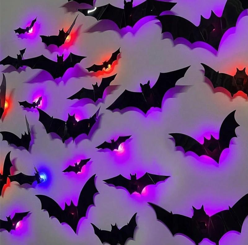 3D Bat Light Design LED Decorations 12pcs Set Spooky Ornaments for Home Party Festival Halloween Easy Install Wall Stickers Smooth Application - Decorative - soufeelau