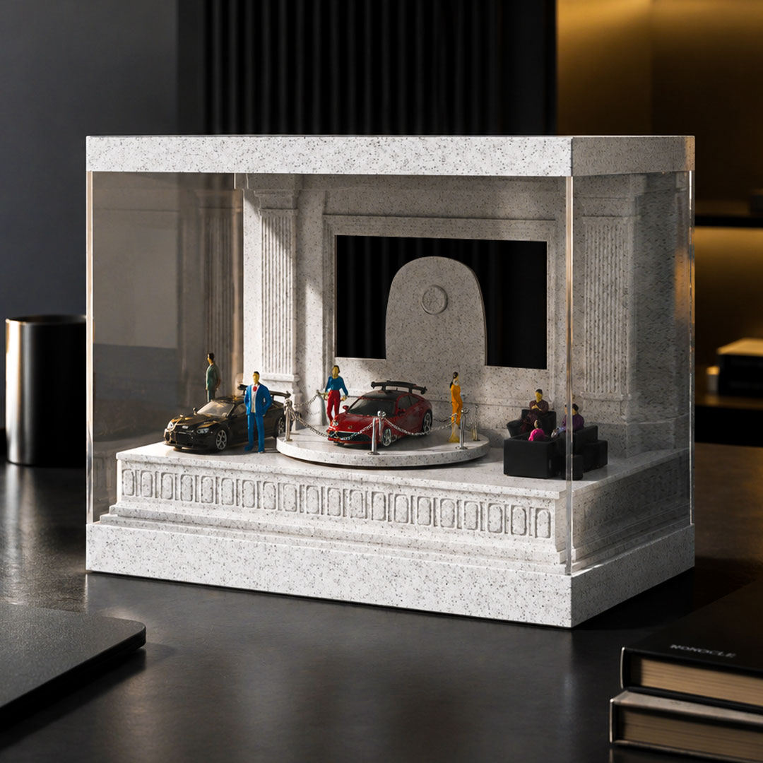1:64 Scale Diecast Car Display Case with Motorized Turntable, Light Up Miniature Car Showroom, Smart Phone-Insert Video Background, Toy Car Showcase - soufeelau