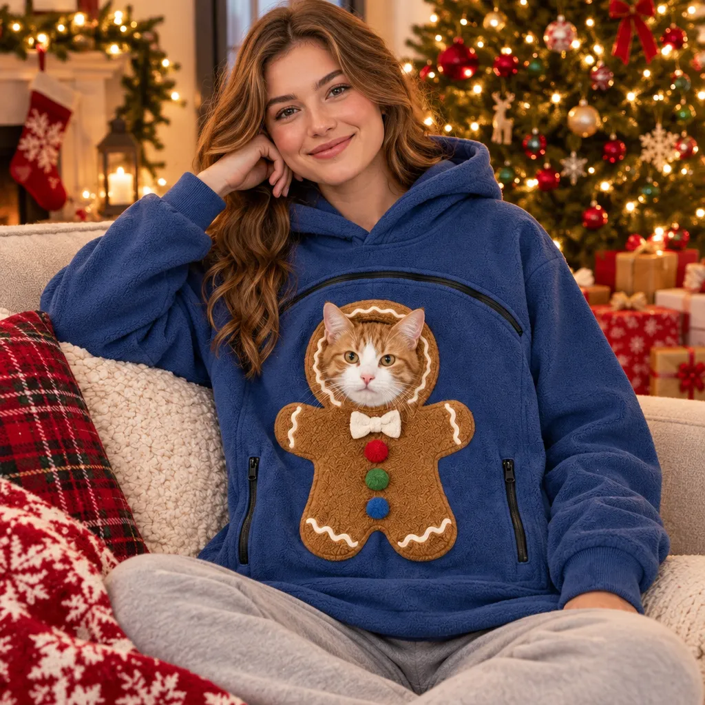 Christmas Pet Pouch Hoodie – Cozy Sherpa Pullover with Built-In Cat & Dog Pocket, Gingerbread & Snowman Holiday Sweatshirt - soufeelau