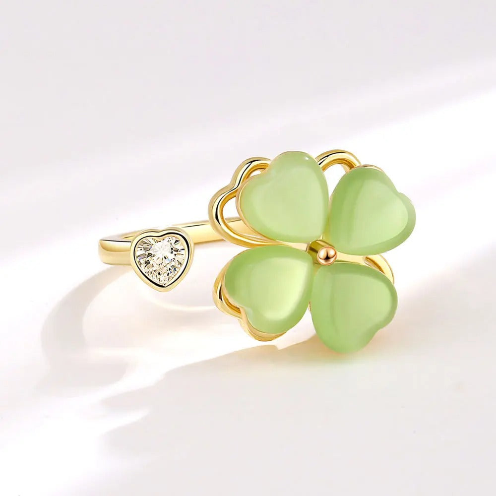 Cat's Eye Four Leaf Clover  Love Anxiety Worry Fidget Spinner Ring - soufeelau