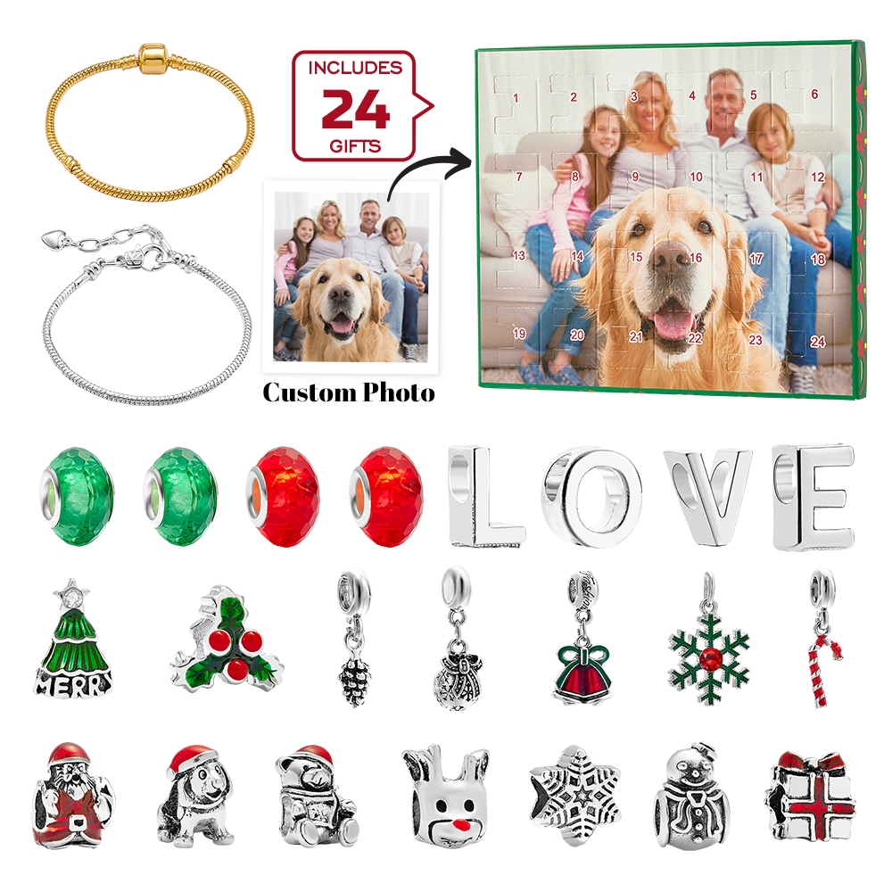 Personalized Photo Jewelry Advent Calendar Photo Charm Christmas Surprise Blind Box Bracelet 24 Calendar Countdown Gift Box Bracelet For Pet