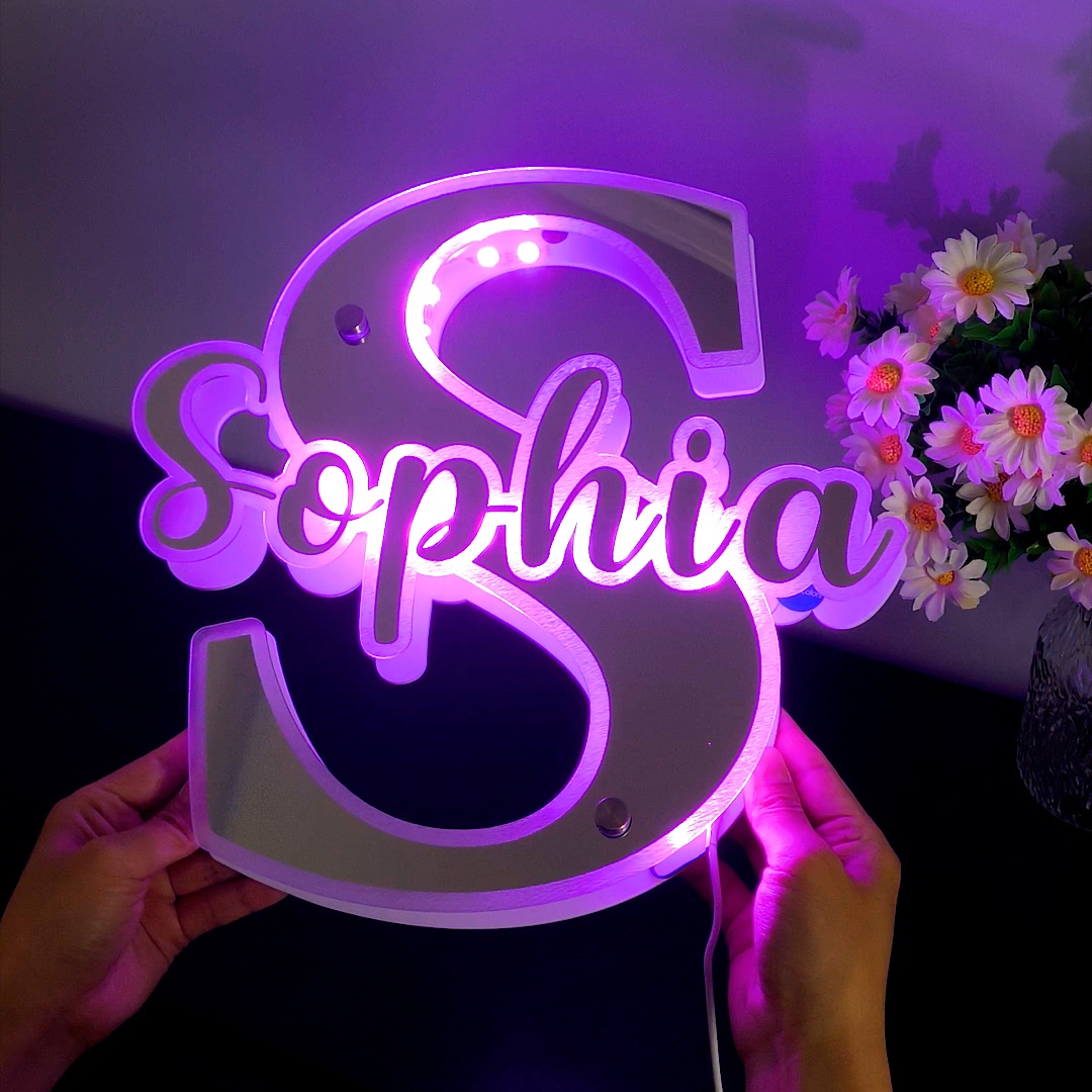 Personalized Name Letter Mirror Light Name Mirror Sign Custom LED illuminated Light-Up Bedroom Sign Gift For Kids - soufeelau