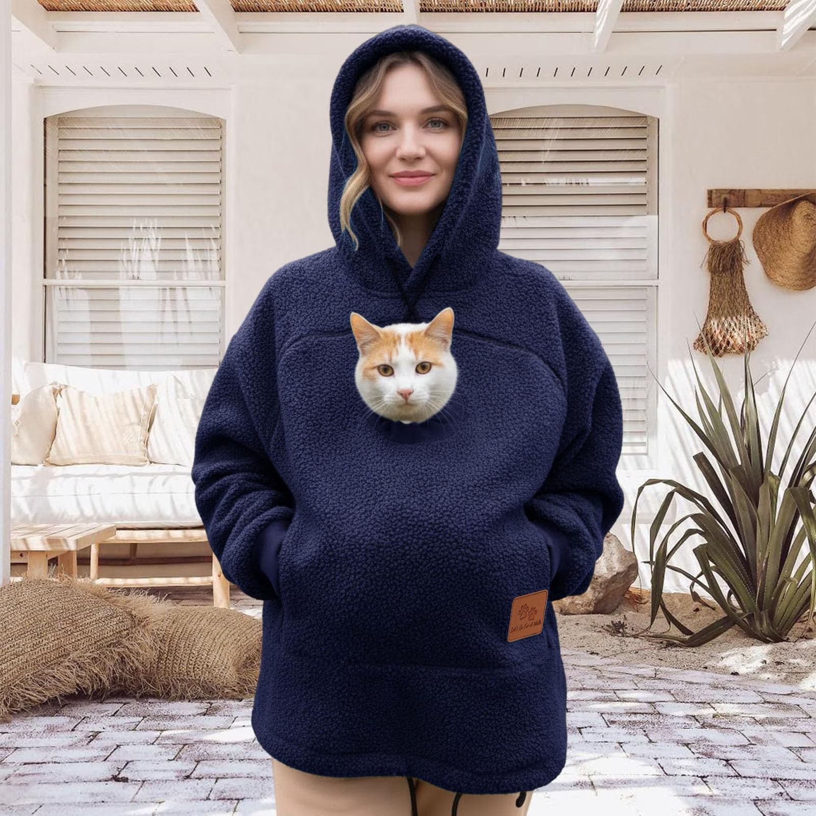 Unisex Cozy Pet Pouch Hoodie – Soft Sherpa Pullover with Built-In Cat & Dog Carrier Pocket, Warm Long Sleeve Sweatshirt for Hands-Free Pet Cuddles - soufeelau