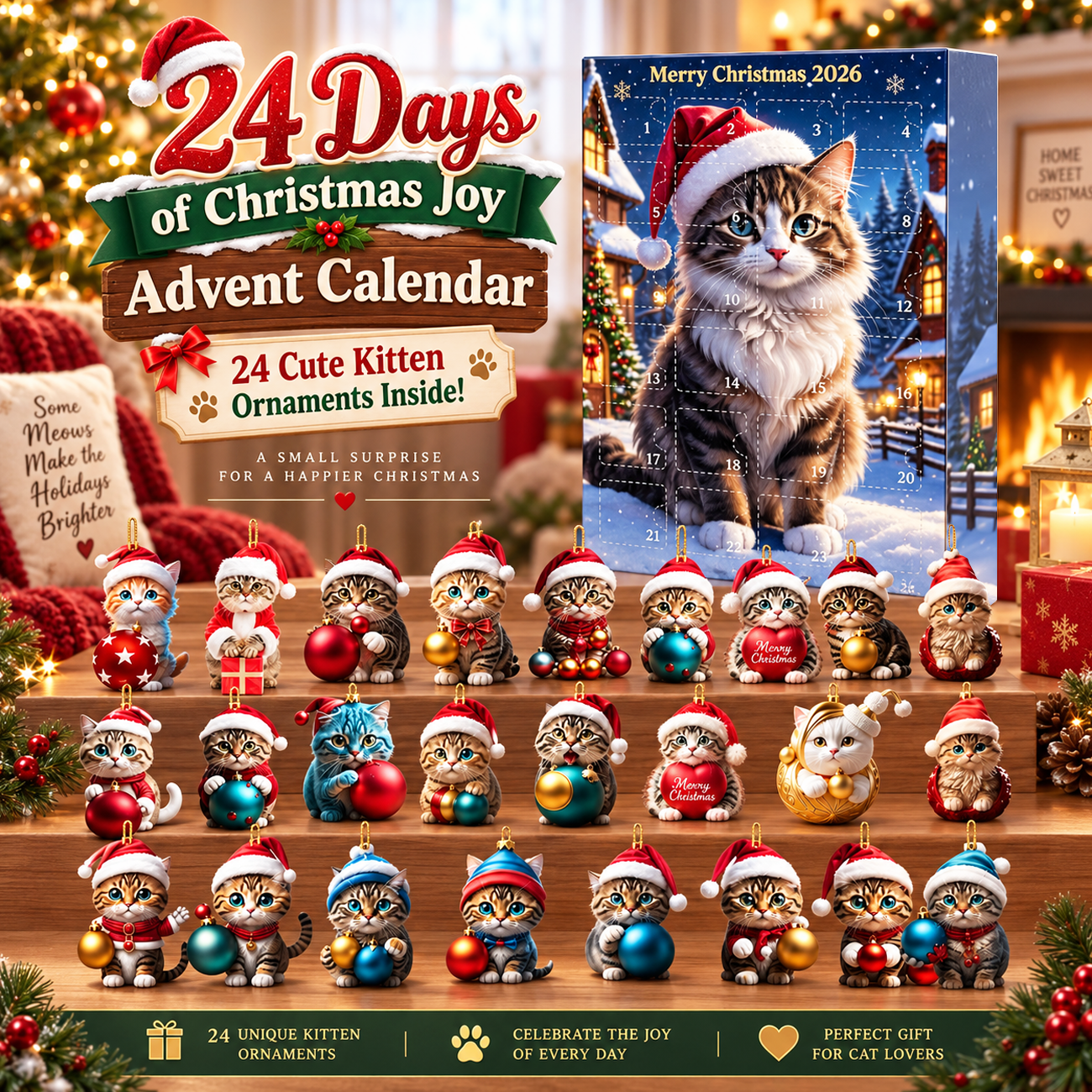 Cute Kitten Christmas Countdown Calendar – 24-Piece Acrylic Ornament Set for Holiday Tree Decor & Gifts - soufeelau