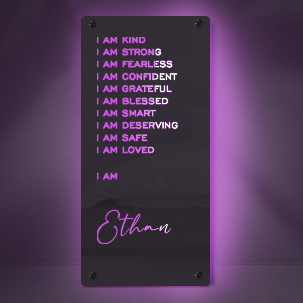 Custom Affirmations Mirror LED Neon Light I Am Mirror Personalized Name Light Up Mirror Bedroom Wall Art for Christmas Gifts Kids Mom Friend 