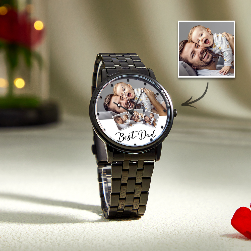 Personalized Engraved Photo Watch Men's Black Alloy Bracelet Photo Watch Father's Day Gifts For Dad - soufeelau