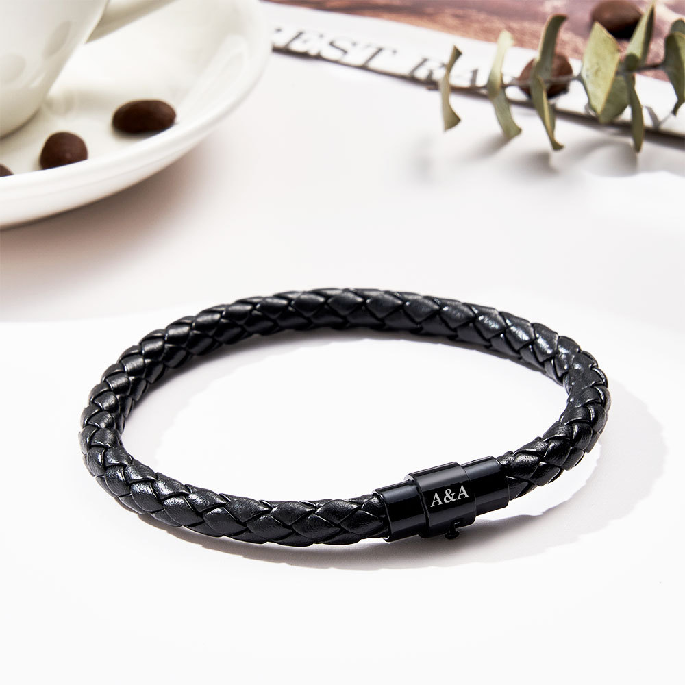 Personalised Stylish black Leather Clasp Bracelet Personalised with the Lucky Recipients Initials a Lasting Bespoke Gift - soufeelau