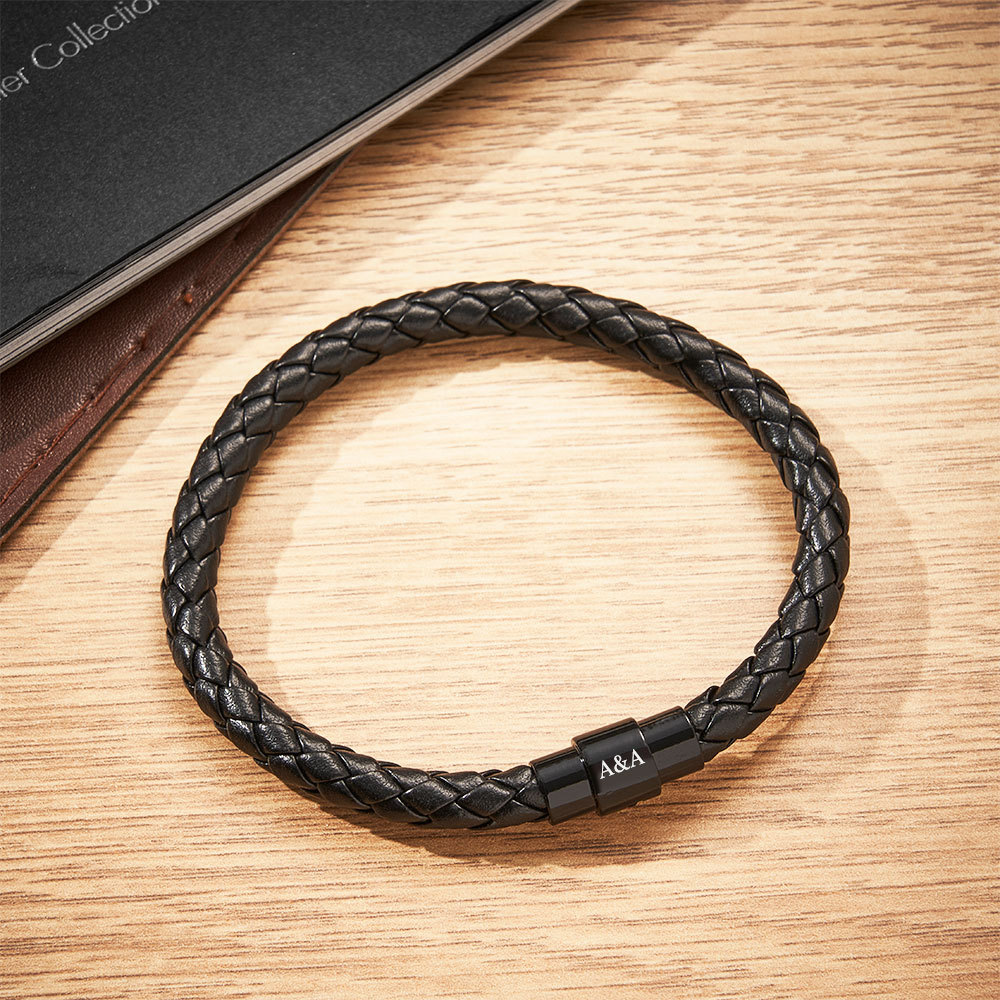 Personalised Stylish black Leather Clasp Bracelet Personalised with the Lucky Recipients Initials a Lasting Bespoke Gift - soufeelau