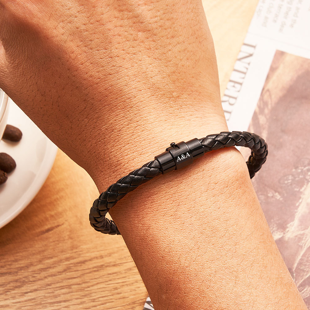 Personalised Stylish black Leather Clasp Bracelet Personalised with the Lucky Recipients Initials a Lasting Bespoke Gift - soufeelau