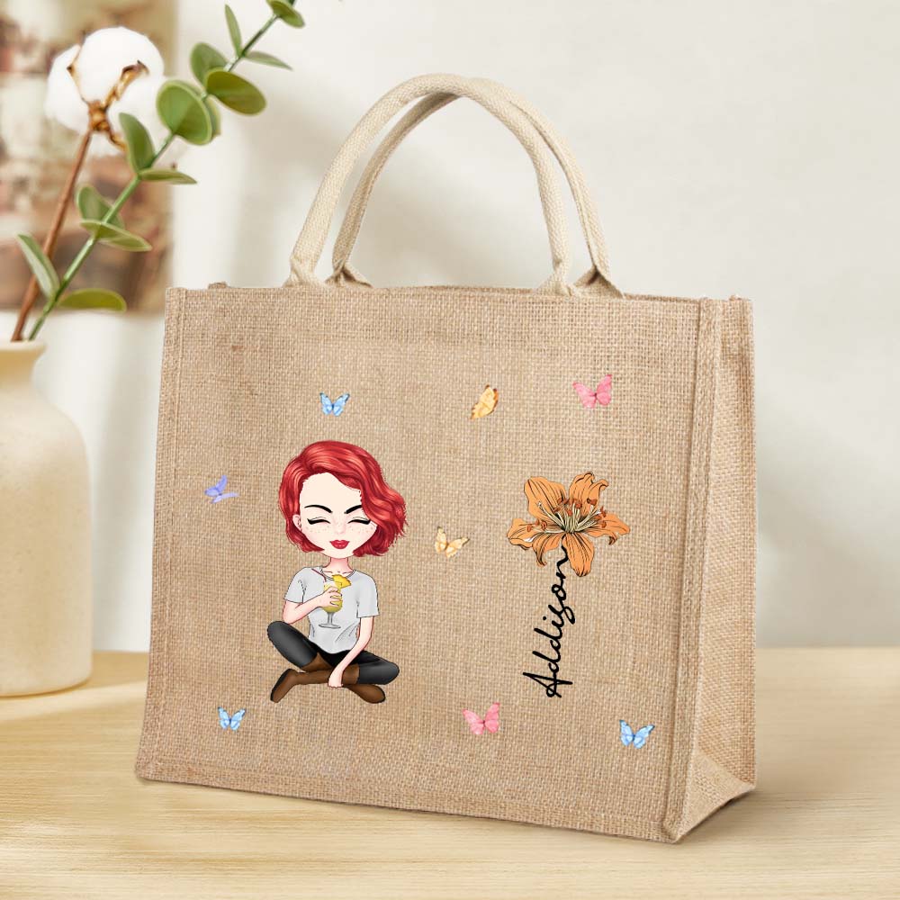 Personalized Cartoon Women Girl Birth Flower Jute Tote Bag with Name Wedding Birthday Gift for Her - soufeelau