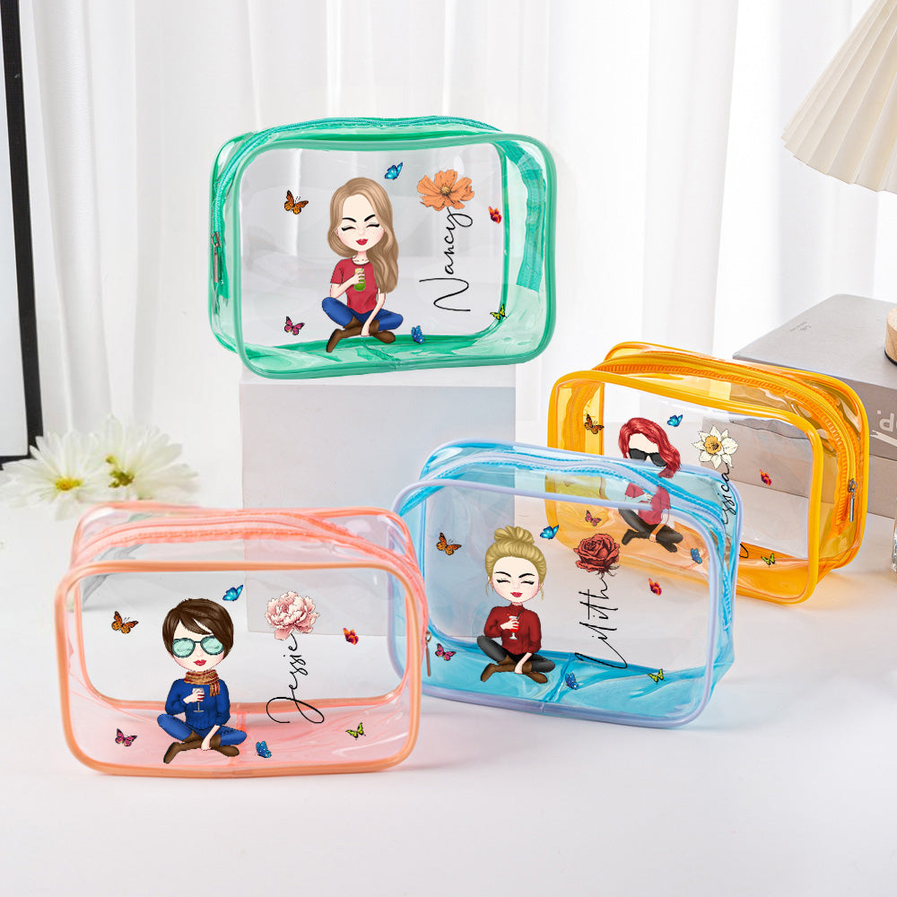Personalized Cartoon Girl Birth Flower Clear Waterproof Makeup Bag with Name Birthday Gift for Her - soufeelau