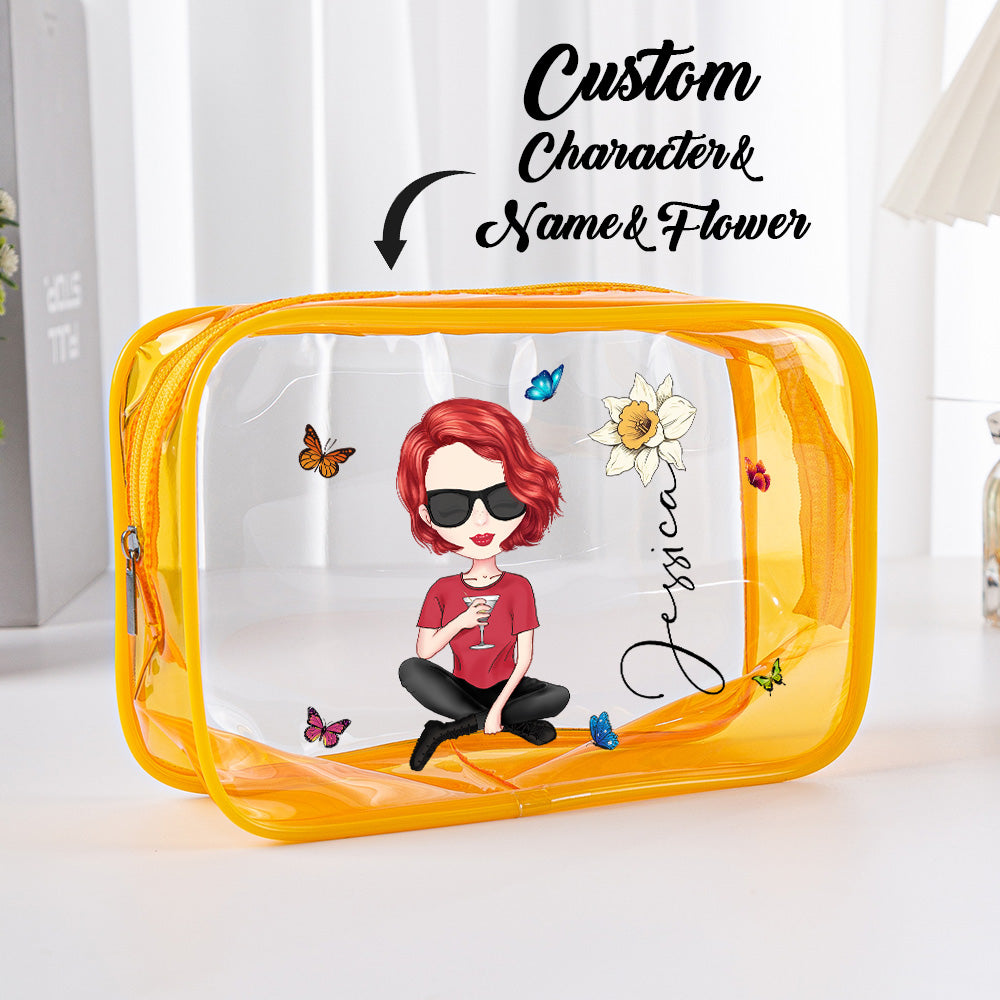 Personalized Cartoon Girl Birth Flower Clear Waterproof Makeup Bag with Name Birthday Gift for Her - soufeelau