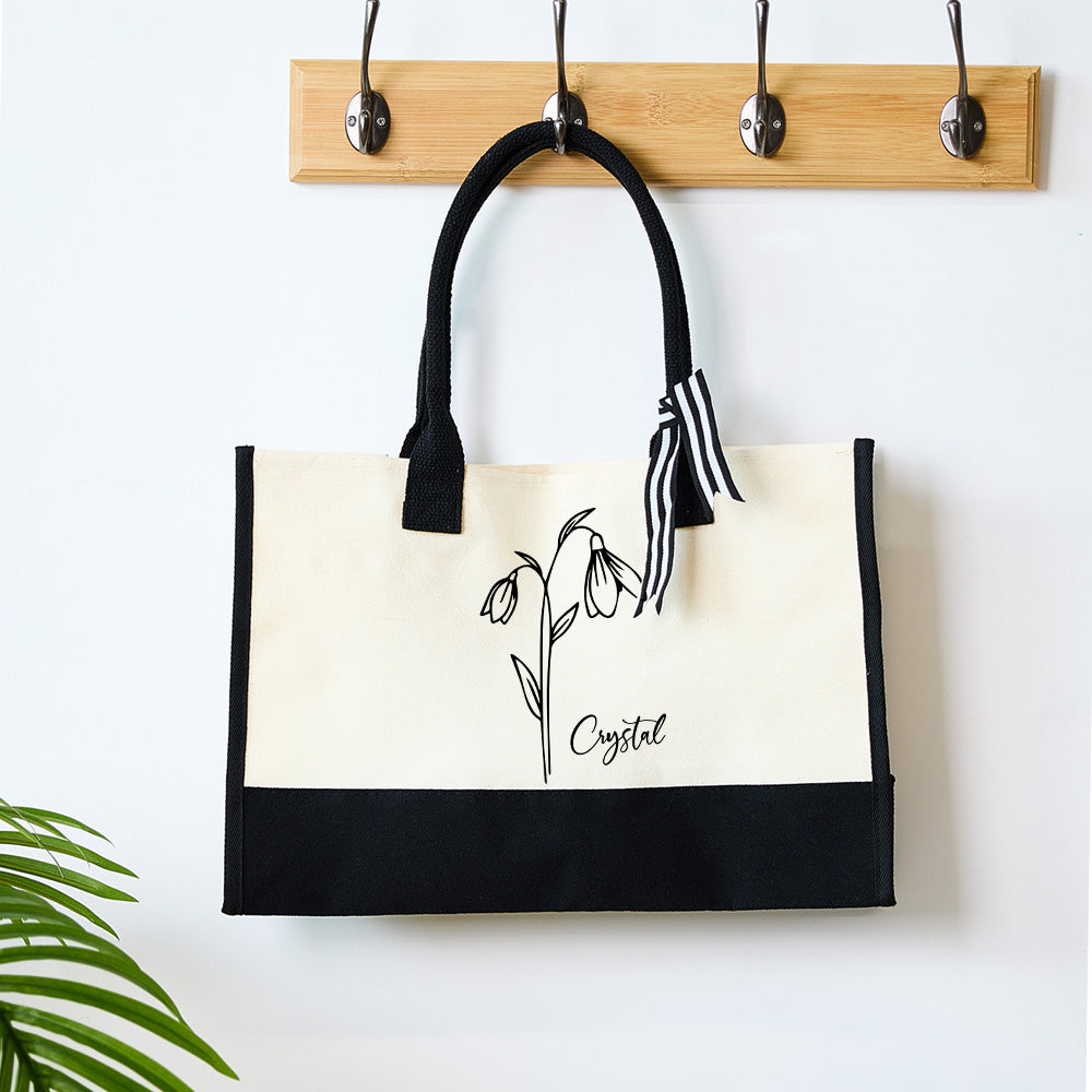 Personalized Birth Flower Canvas Tote Bag Large Capacity Beach Tote Bag Bridal Party Gift for Girls - soufeelau