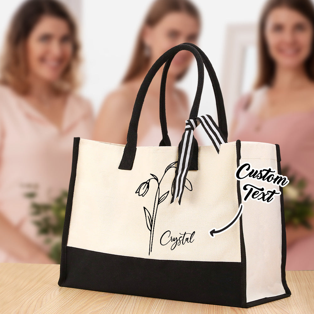 Personalized Birth Flower Canvas Tote Bag Large Capacity Beach Tote Bag Bridal Party Gift for Girls - soufeelau