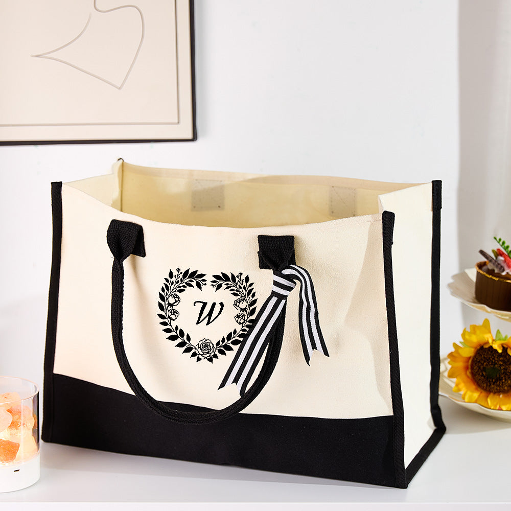 Personalized Wreath Initial Canvas Tote Bag Large Capacity Tote Bag Gift for Women - soufeelau