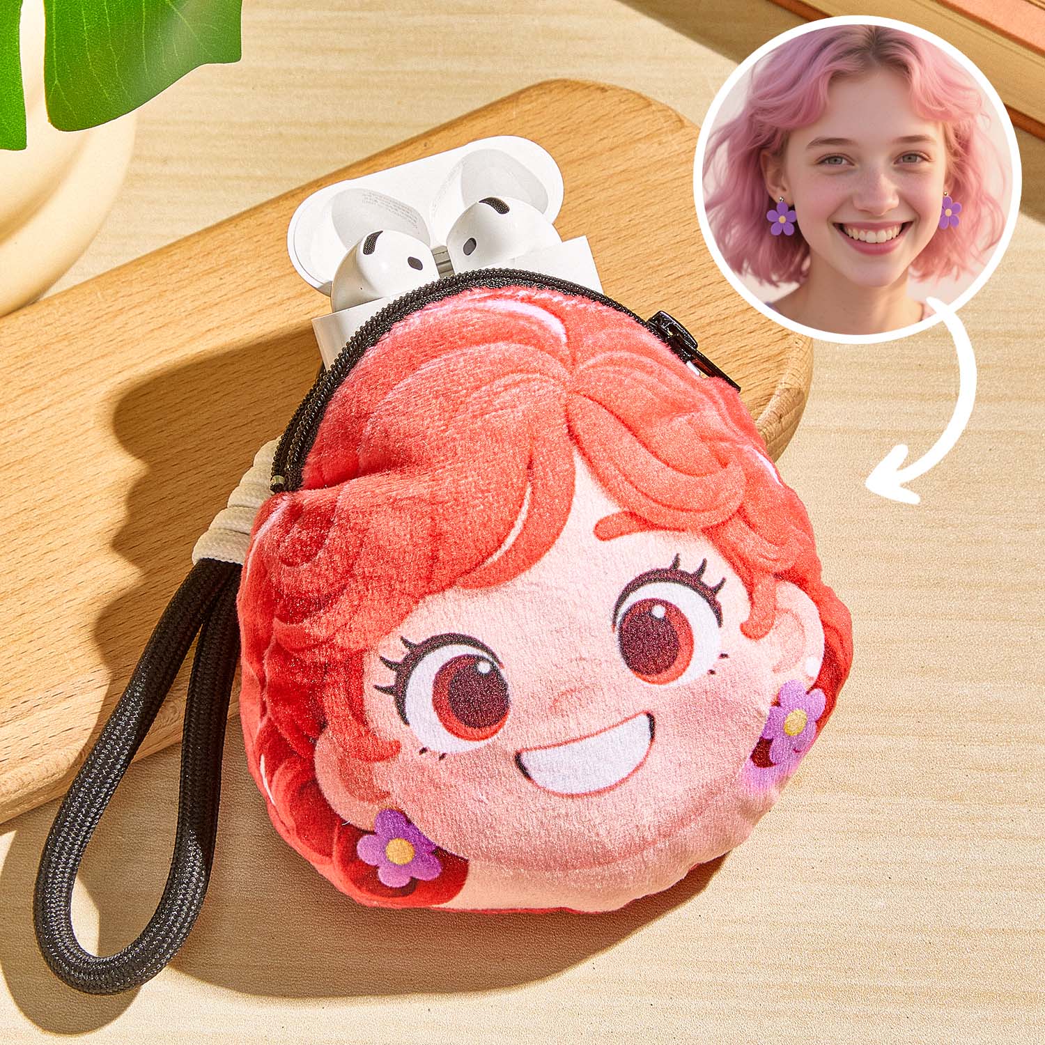 Custom Emoji Earphone Bag - Turn Your Photo Into Emoji Personalized Emoji Small Earphone bag with Zipper and Lanyard Coin Purse - soufeelau