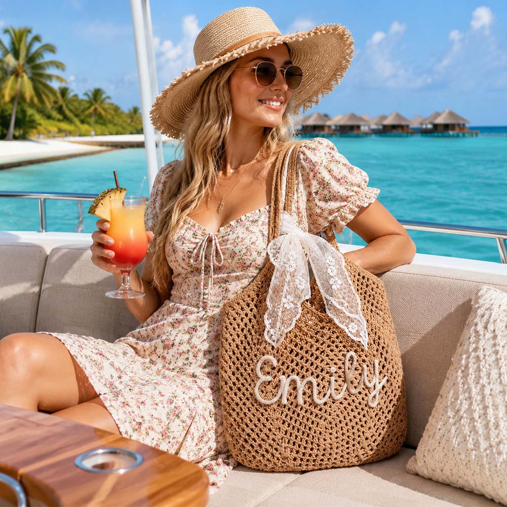 Personalized Crochet Beach Bag with Custom Name Monogrammed Straw Style Mesh Bag for Summer Vacation Hand Knit Name Tote Bag - soufeelau