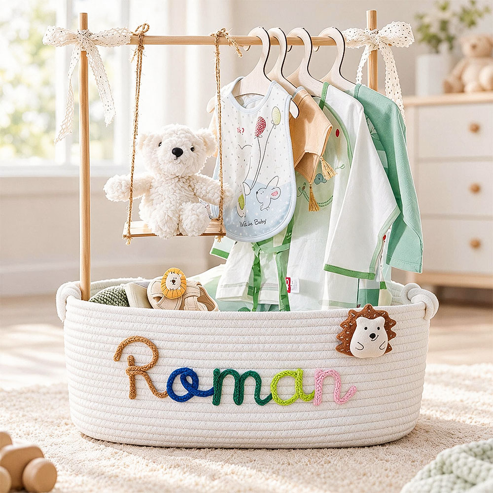 Custom Name Baby Shower Gift Basket – Personalized Baby Gift Set with Swing & Hanger Stand, Newborn Keepsake Gift - soufeelau