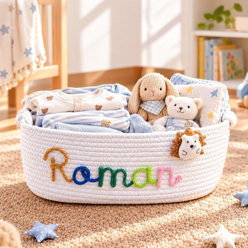 Custom Name Baby Shower Gift Basket – Personalized Baby Gift Set with Swing & Hanger Stand, Newborn Keepsake Gift - soufeelau
