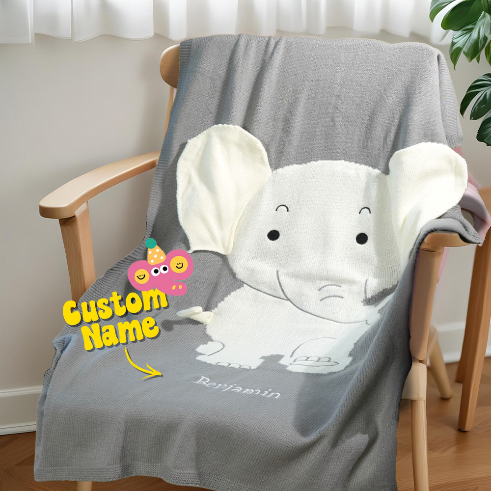 Personalized Baby Blanket Knitting Blanket Grey Elephant with Name Gift for Baby - soufeelau