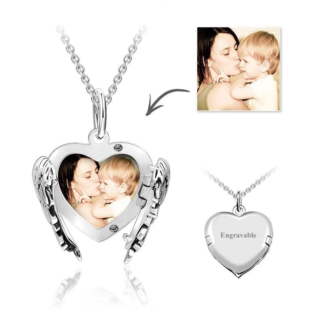 Engravable Photo Locket Necklace Personalized Heart Angel Wings Sterling Silver Gift For Mom - soufeelau