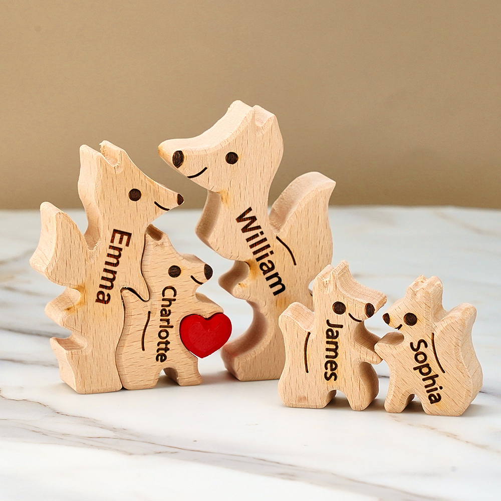 Wooden Fox Family Puzzle Custom Names House Warming Gifts - soufeelau