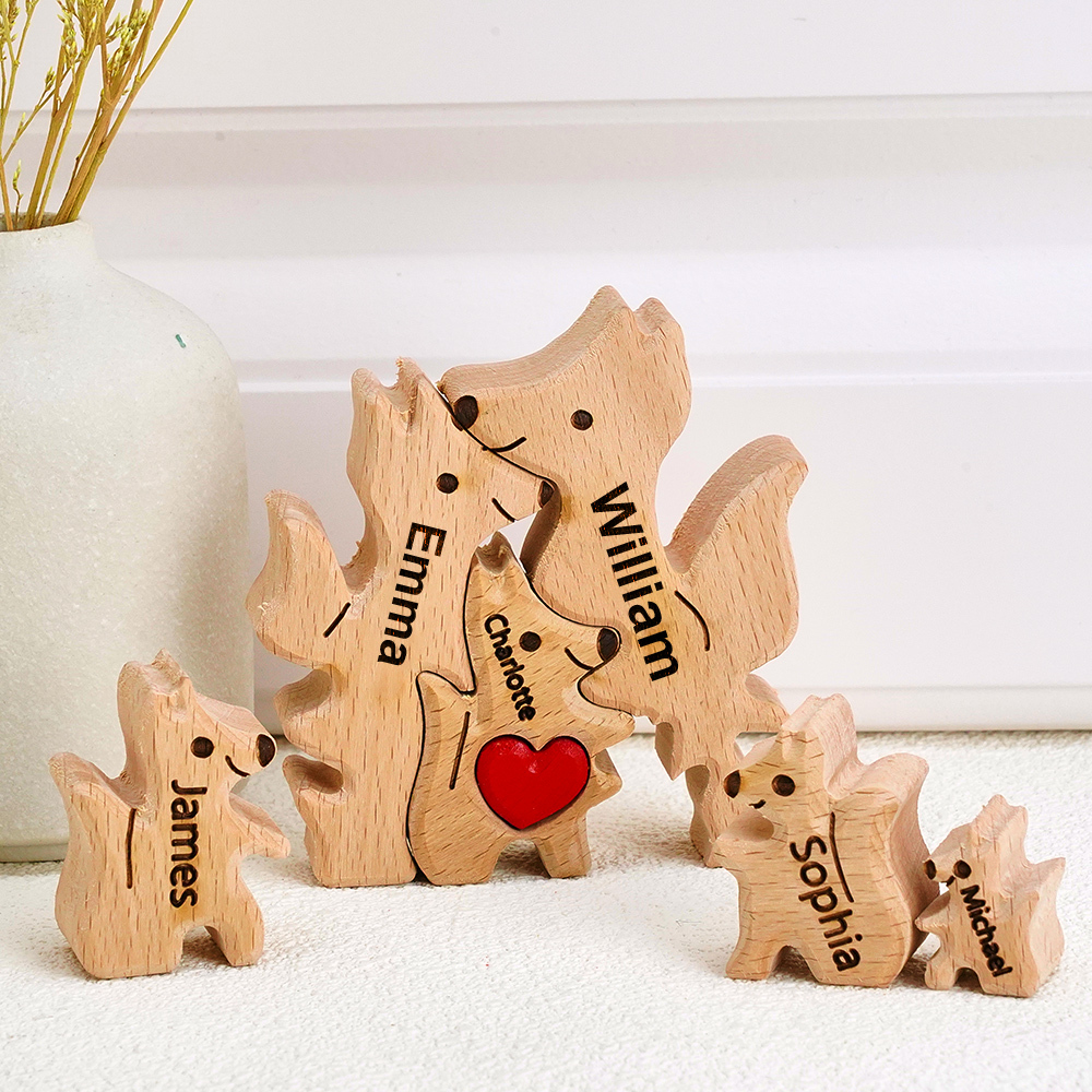 Wooden Fox Family Puzzle Custom Names House Warming Gifts - soufeelau