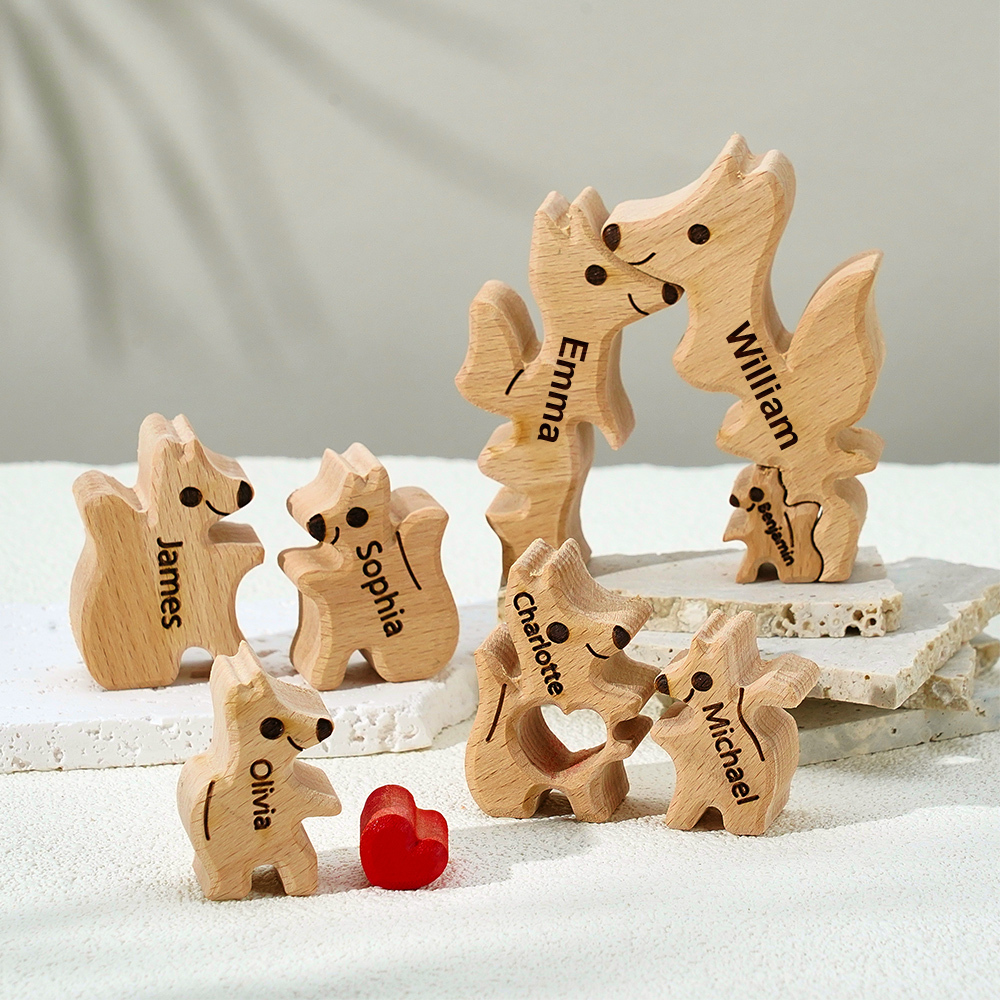 Wooden Fox Family Puzzle Custom Names House Warming Gifts - soufeelau