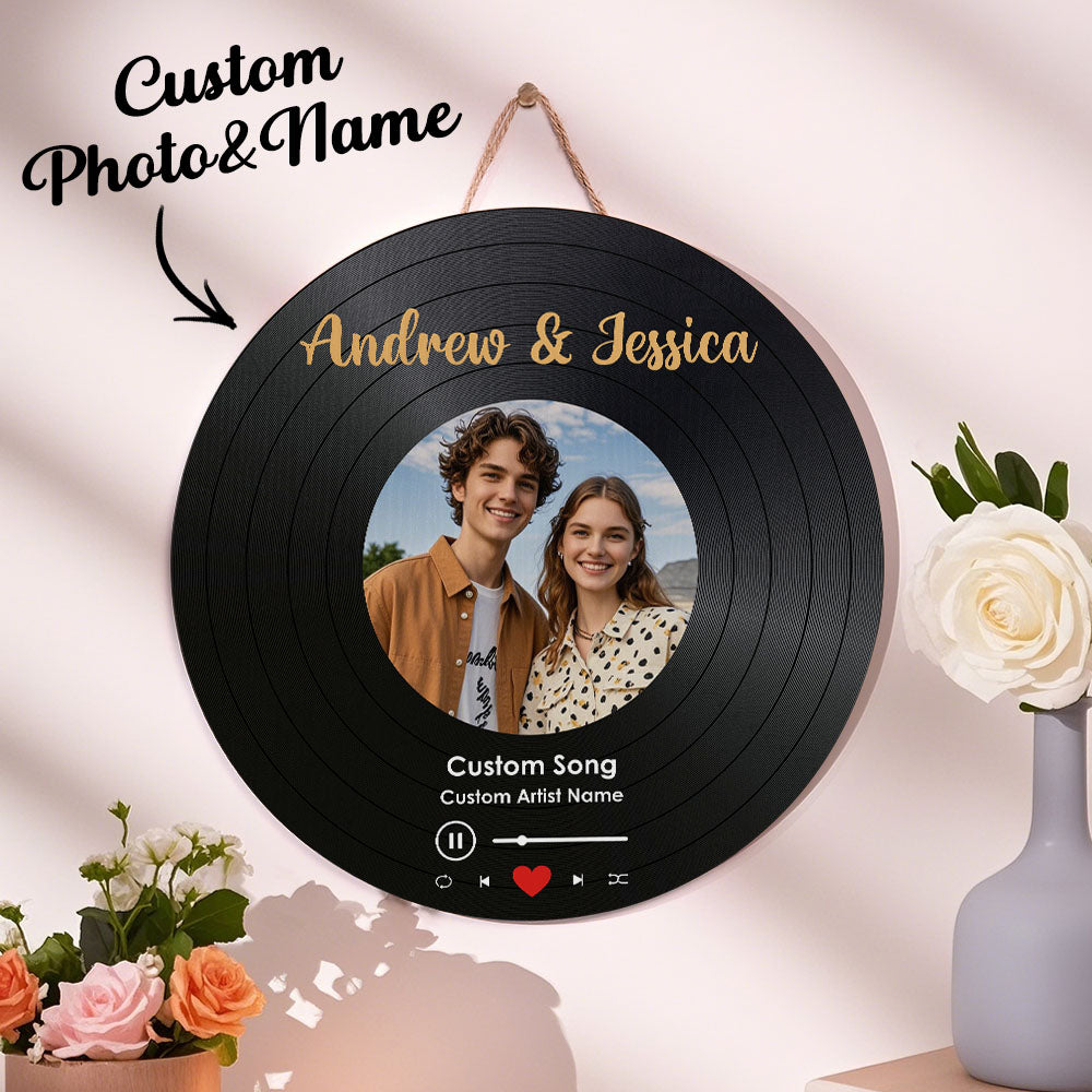 Personalized Music Vinyl Record Photo Round Wood Sign Gift for Lover - soufeelau
