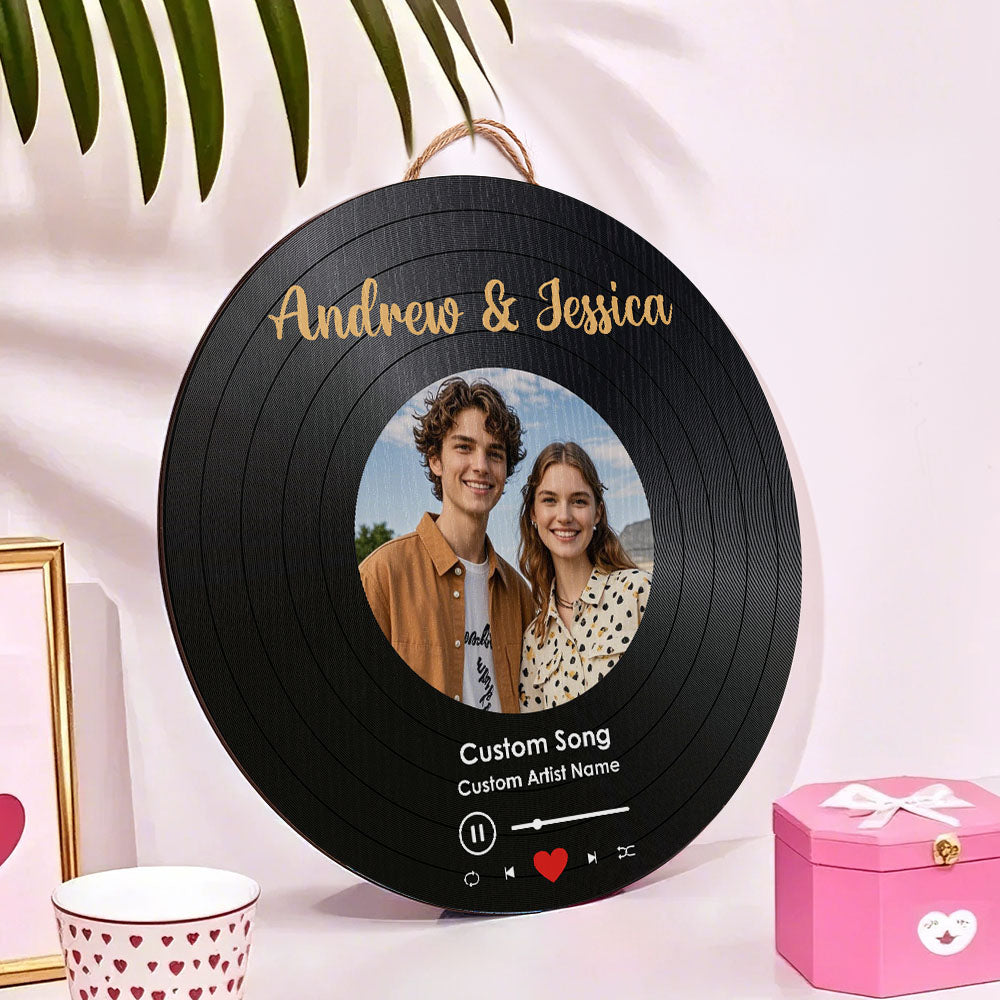 Personalized Music Vinyl Record Photo Round Wood Sign Gift for Lover - soufeelau