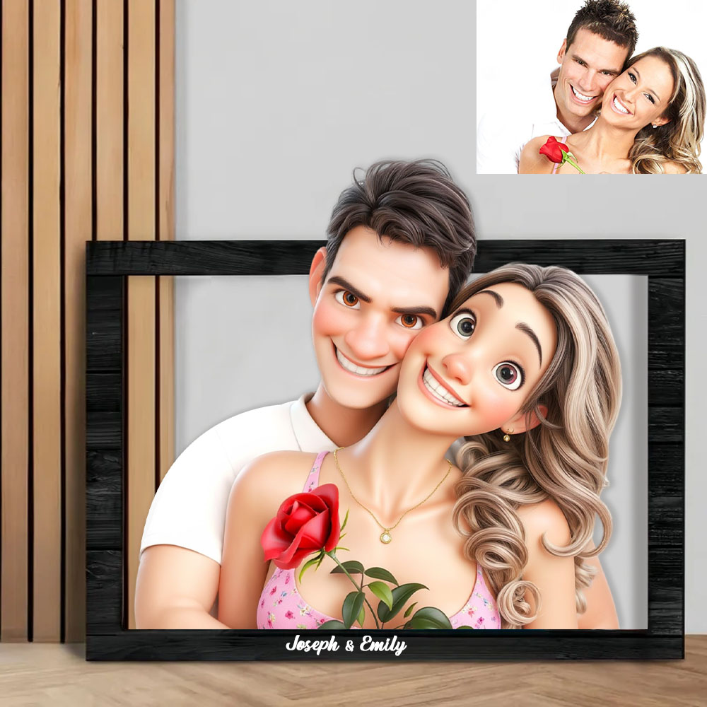 Valentine's Day Gifts Personalized Cartoon Style 3D Photo Wooden Frame Sign, Custom Family Photo 3D Cartoon Portrait Gift Comic Photo Frame, Wedding Anniversary Christmas Couple Gift - soufeelau
