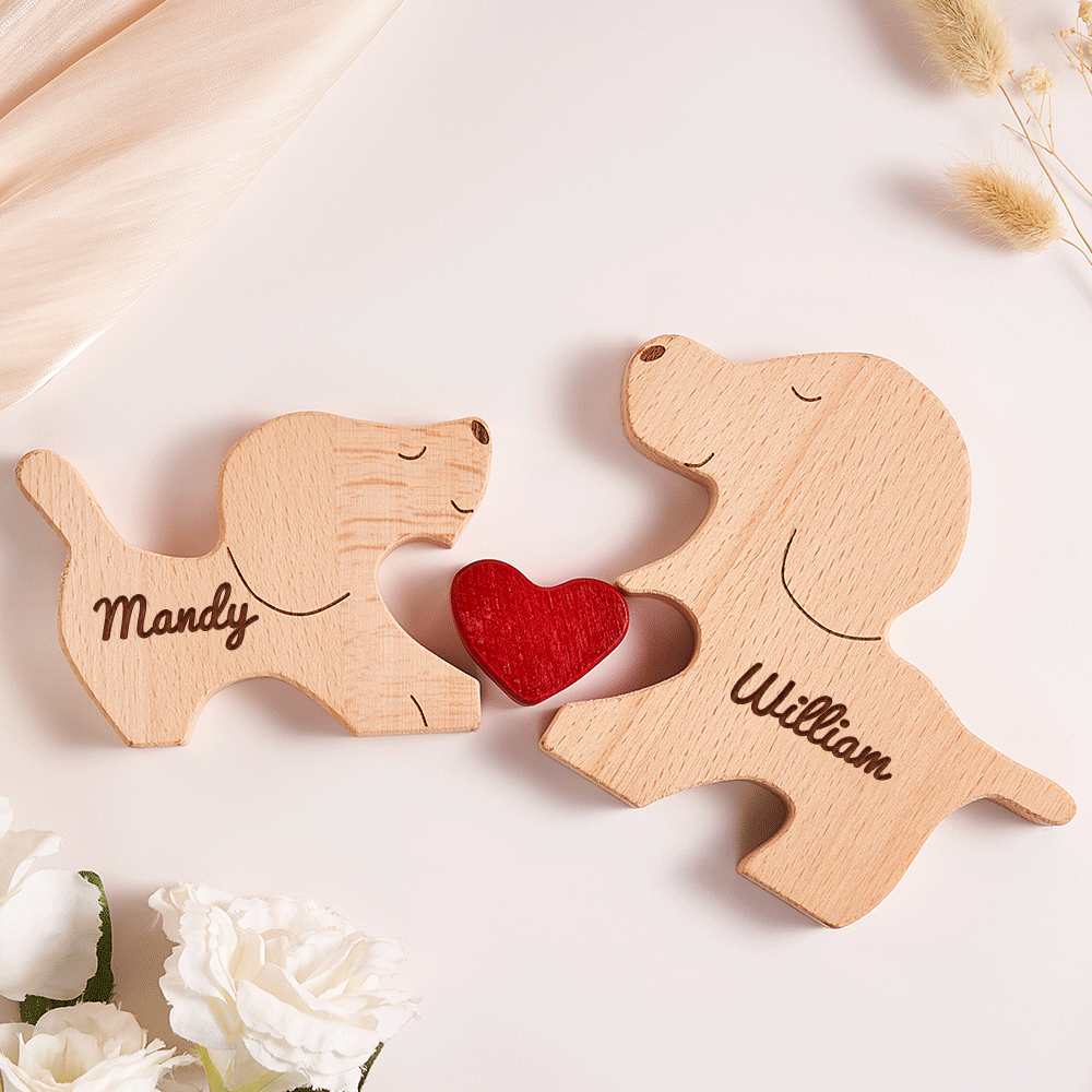 Custom Name Wooden Dog Couple Heart Blocks Valentine's Day Gifts - soufeelau