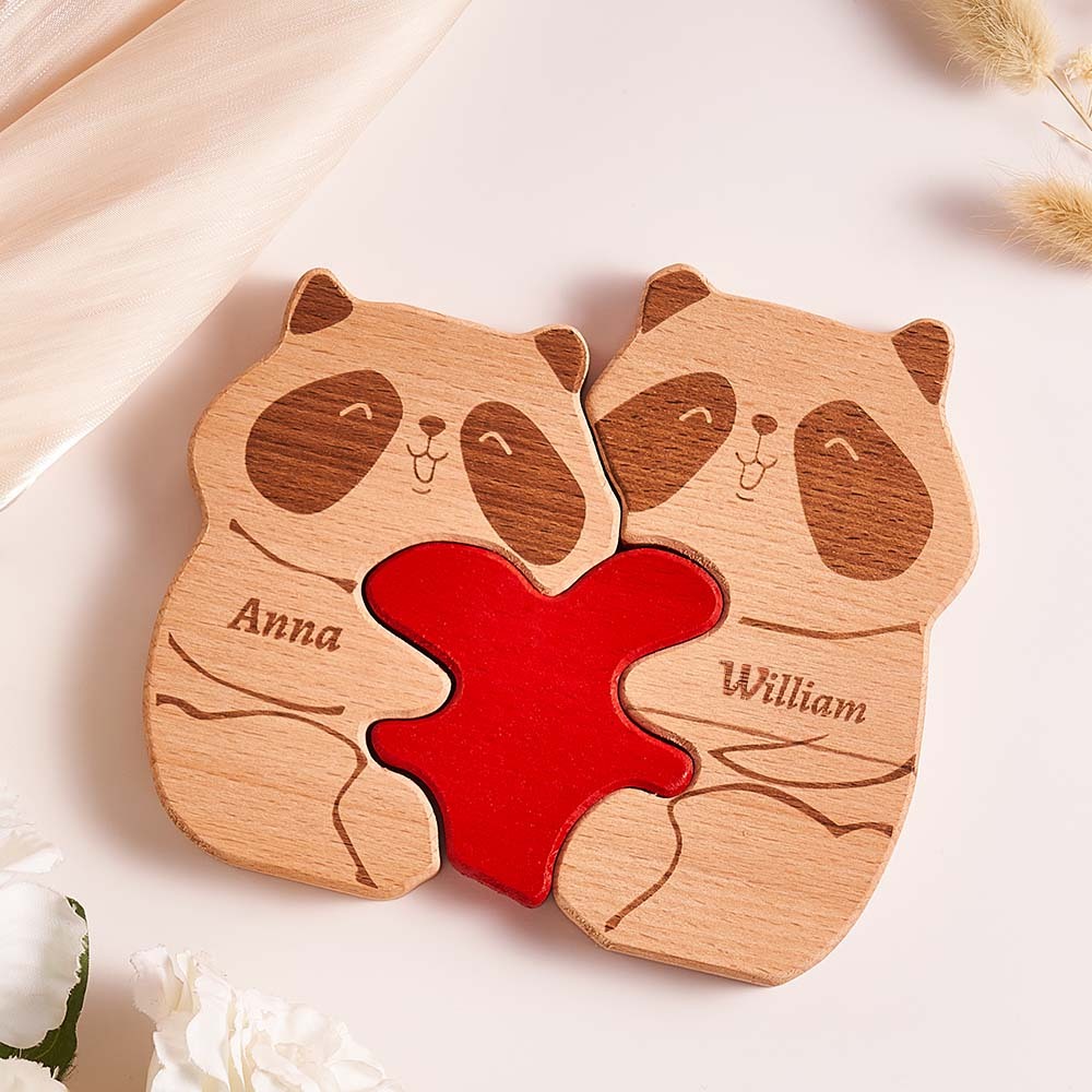 Custom Name Wooden Panda Couple Heart Blocks Valentine's Day Gifts - soufeelau