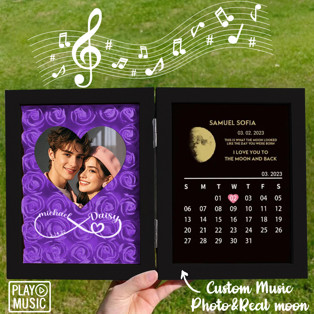 Custom Rose Flowers Frame with REAL MOON PHASE Can Play Music Anniversary Calendar Gift for Her - soufeelau
