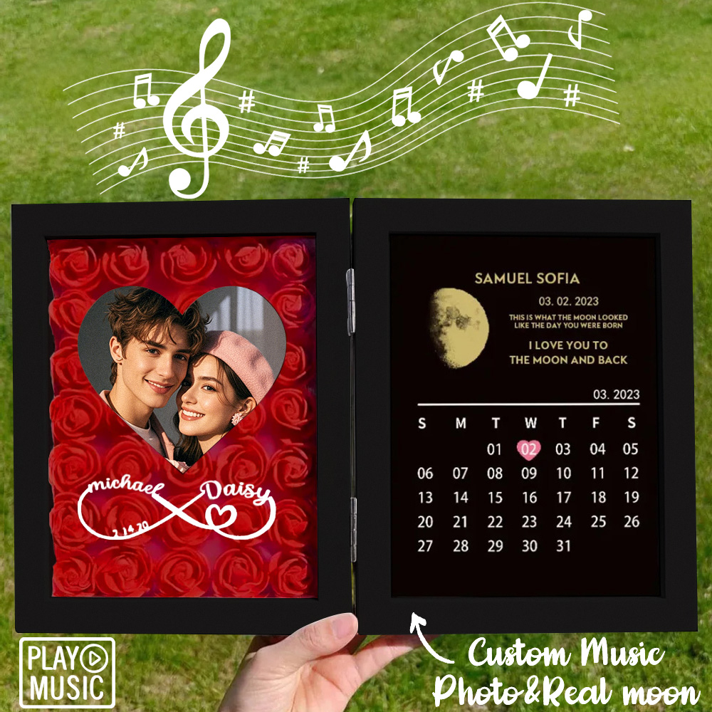 Custom Rose Flowers Frame with REAL MOON PHASE Can Play Music Anniversary Calendar Gift for Her - soufeelau