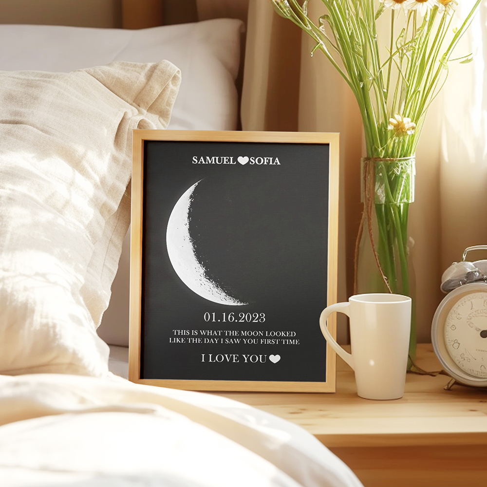 Custom Silver Moon Phase and Names Wooden Frame with Your Text Custom Couple Art Frame Best Valentine's Day Gift - soufeelau