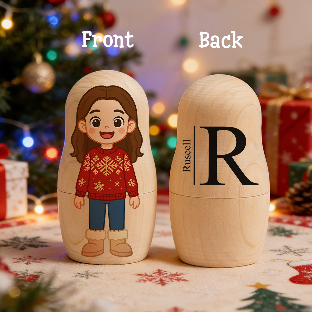 Custom Text Portrait Nesting Doll Family Surnames Custom Name & Photo Family Portrait Cartoon Style Gift Photo - soufeelau