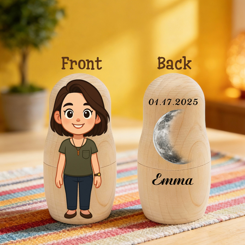 Personalized Portrait Nesting Doll Custom Moon Phase and Text Portrait Cartoon Style Gift Family Gift Couple Gifts - soufeelau